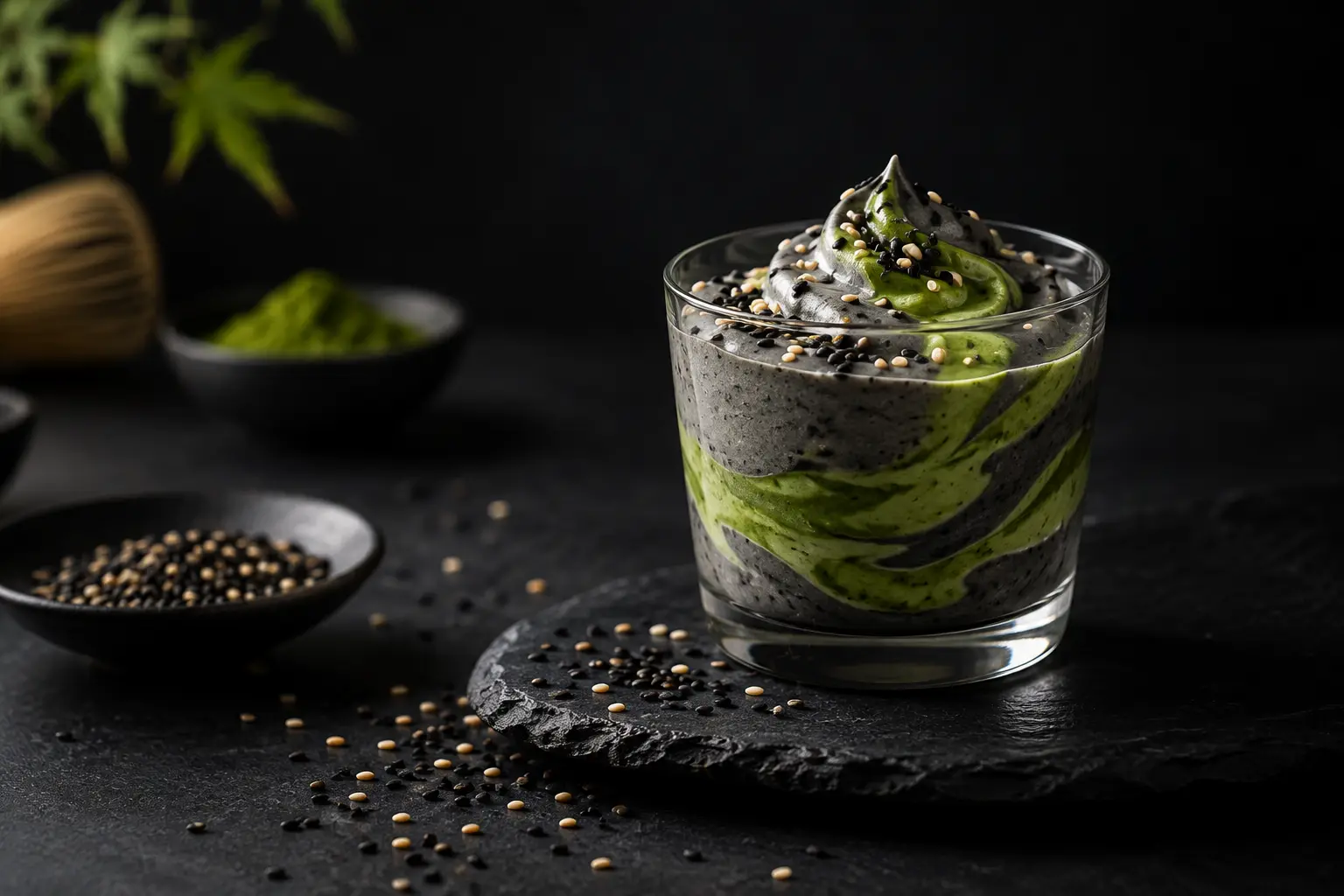 Black sesame & matcha yogurt cup serving illustration