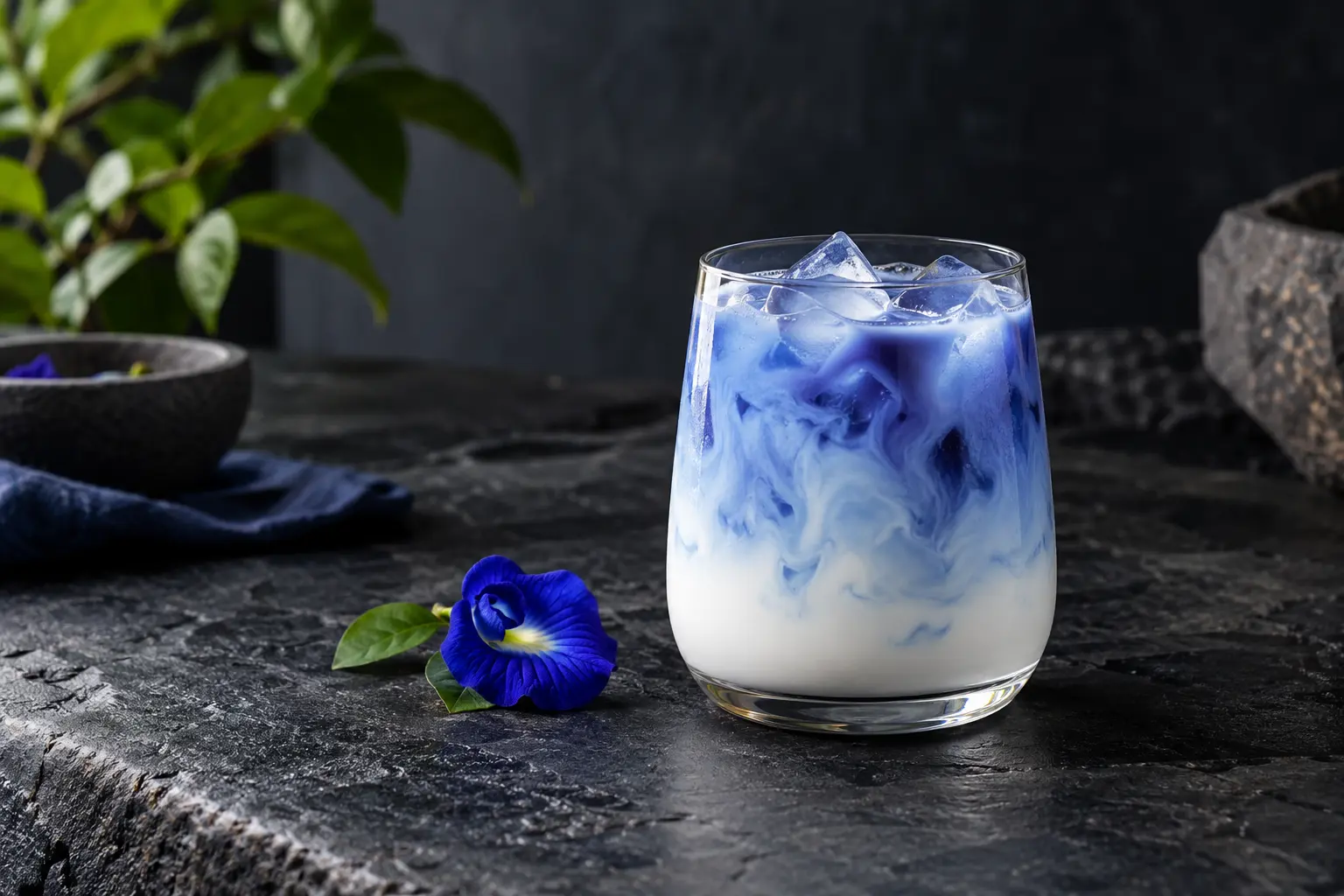 Iced butterfly-pea milk serving illustration