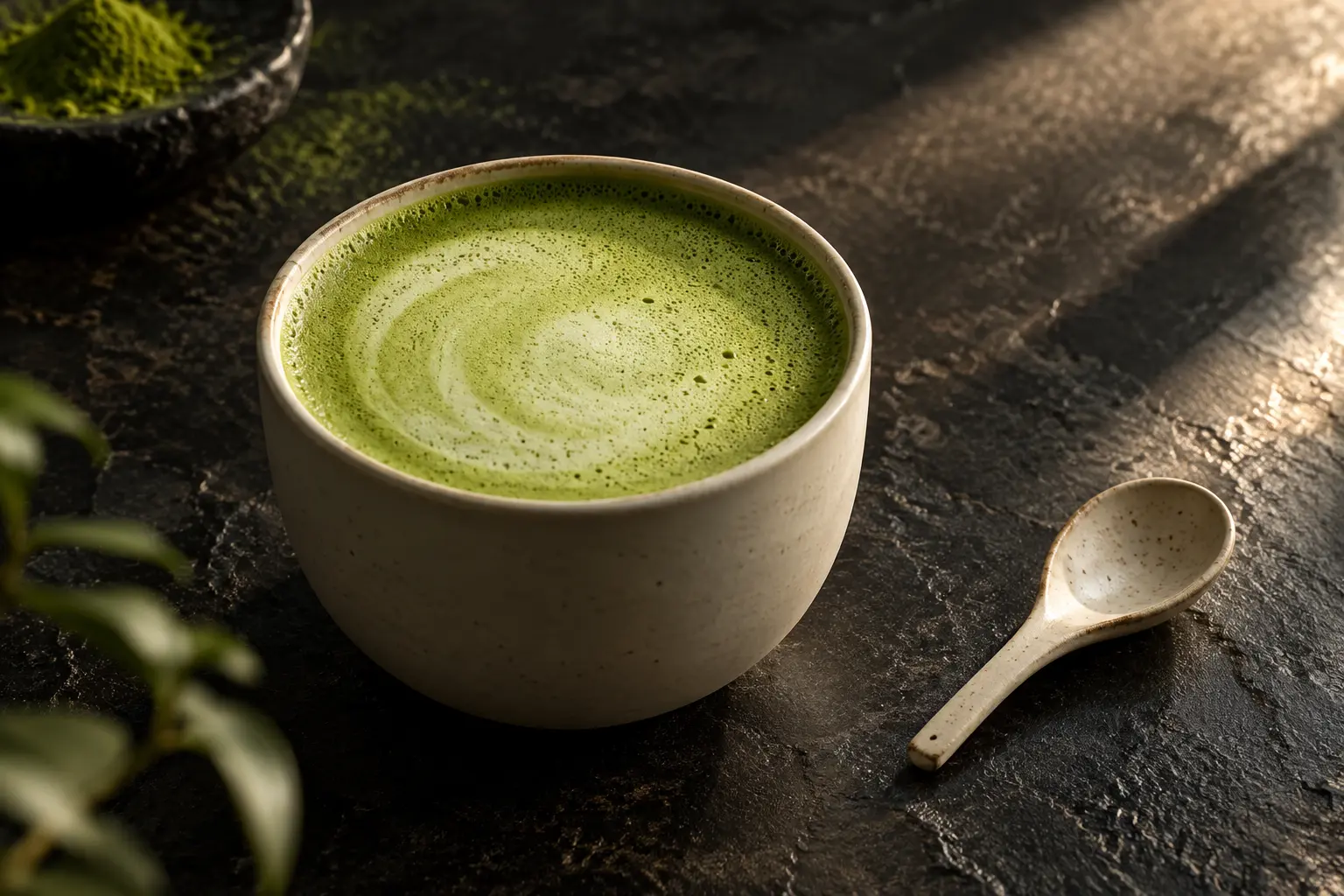 Green matcha latte in a ceramic cup