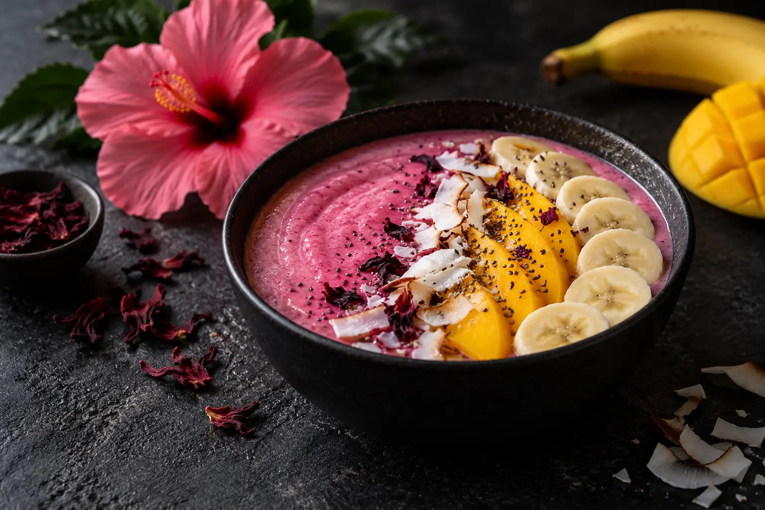 Hibiscus tropical smoothie bowl serving illustration