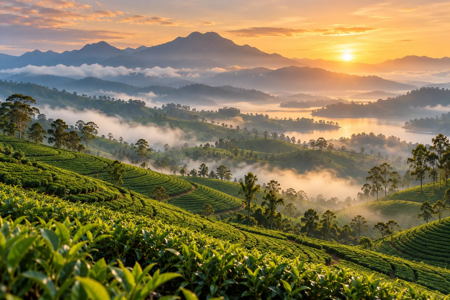 Illustration of misty Sri Lankan tea terraces