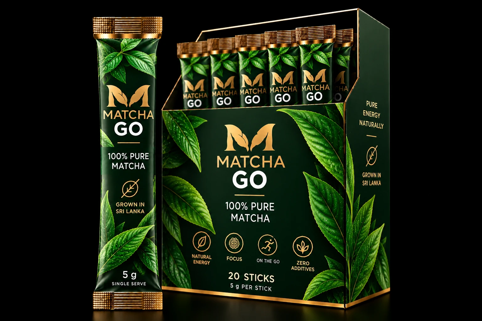 MATCHA GO 100% Pure packaging, 5 g stick and 20-stick display box