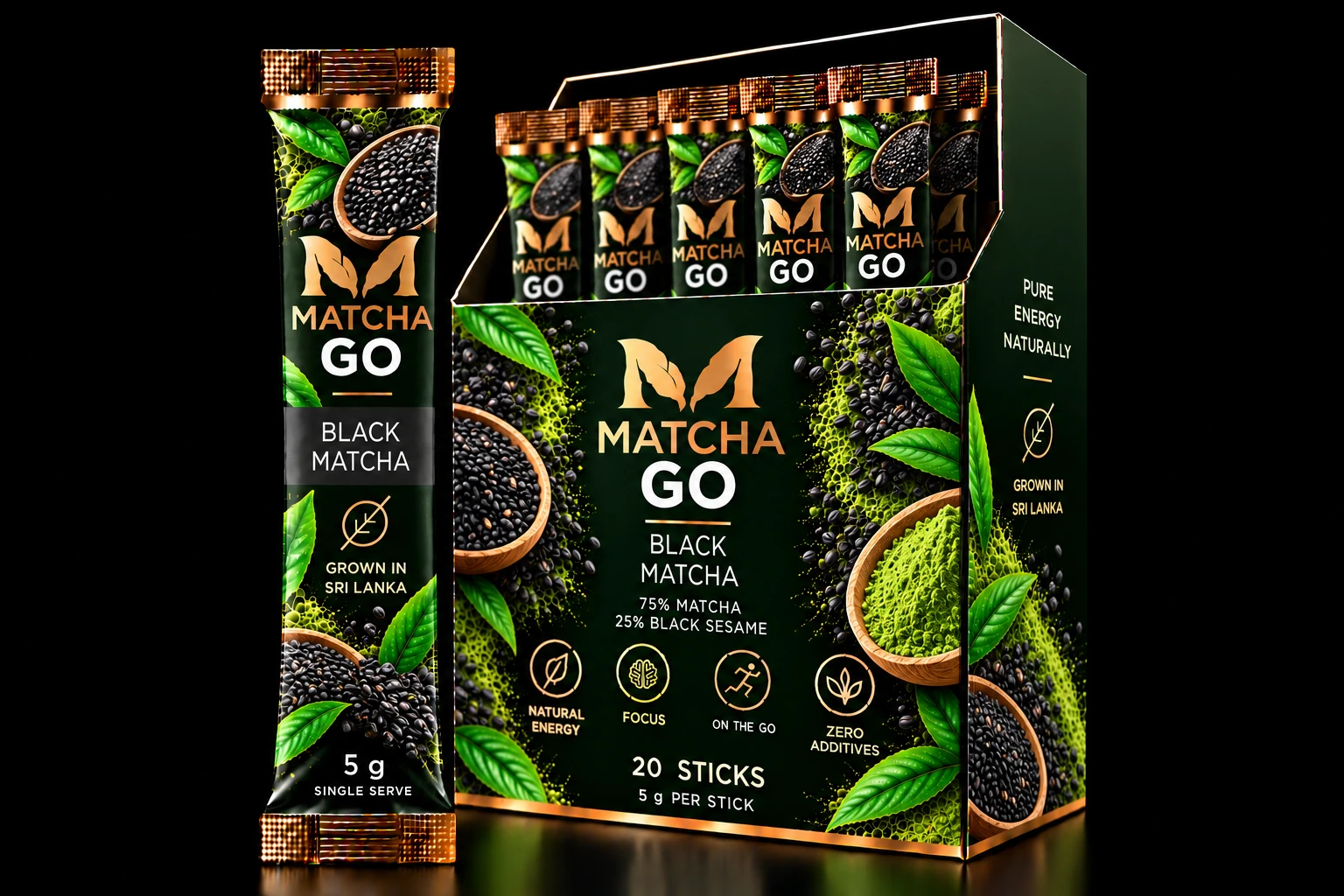 MATCHA GO Black packaging, 5 g stick and 20-stick display box