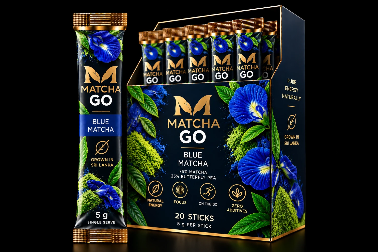 MATCHA GO Blue packaging, 5 g stick and 20-stick display box
