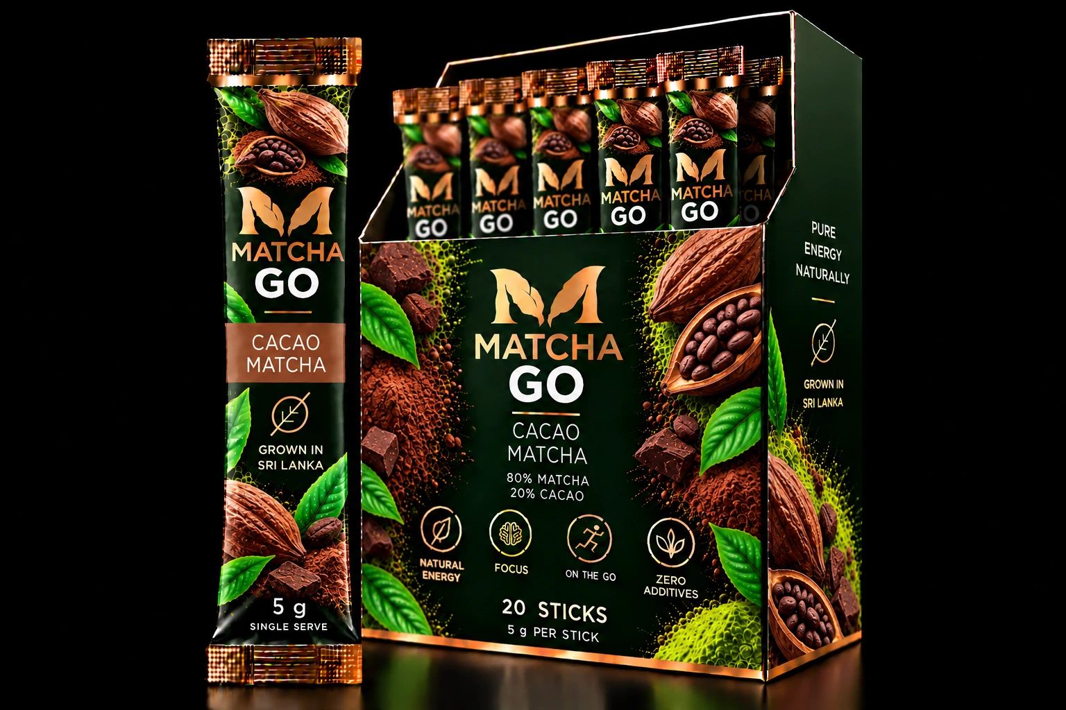 MATCHA GO Cacao packaging, 5 g stick and 20-stick display box