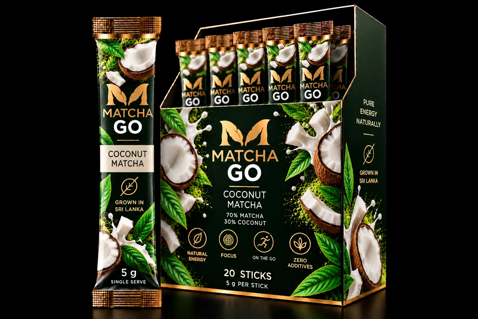 MATCHA GO Coconut packaging, 5 g stick and 20-stick display box