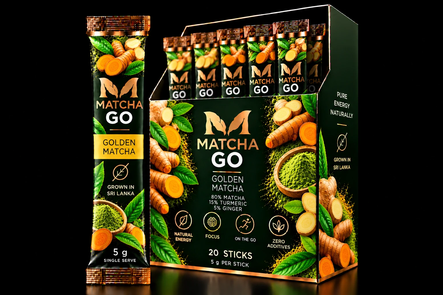 MATCHA GO Golden packaging, 5 g stick and 20-stick display box