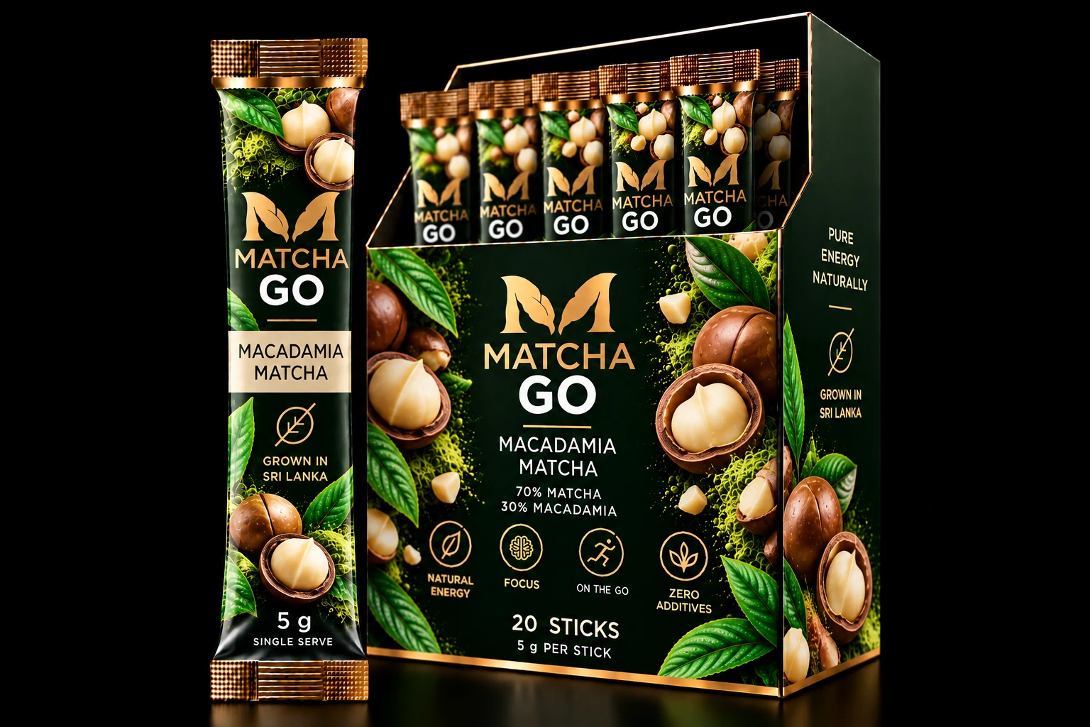 MATCHA GO Macadamia packaging, 5 g stick and 20-stick display box