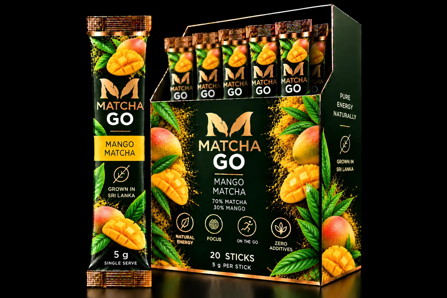 MATCHA GO Mango packaging, 5 g stick and 20-stick display box