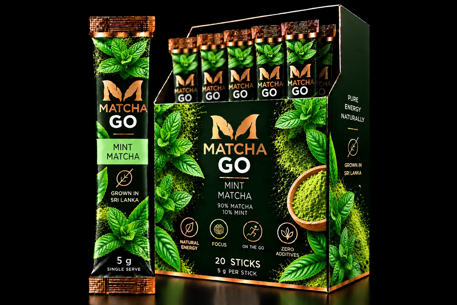 MATCHA GO Mint packaging, 5 g stick and 20-stick display box