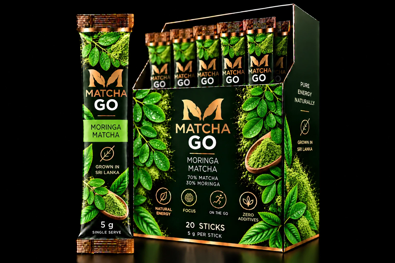 MATCHA GO Moringa packaging, 5 g stick and 20-stick display box