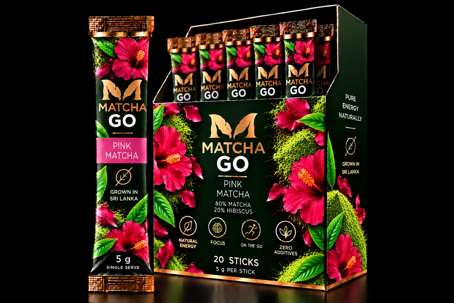 MATCHA GO Pink packaging, 5 g stick and 20-stick display box