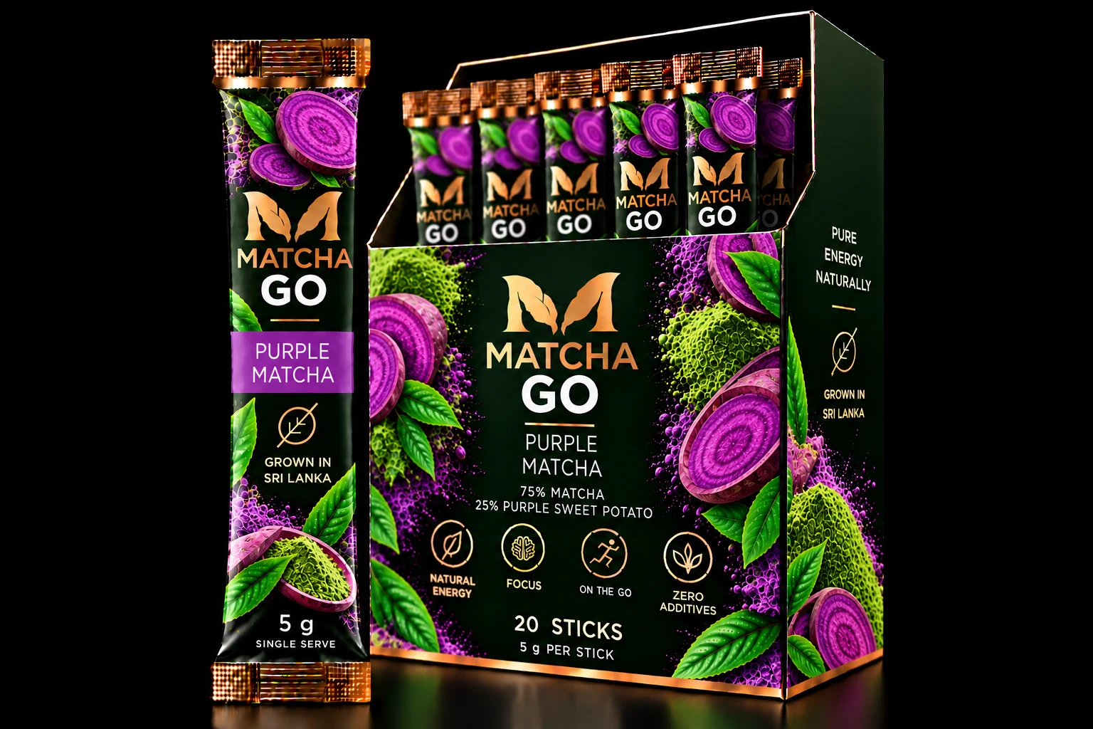 MATCHA GO Purple packaging, 5 g stick and 20-stick display box