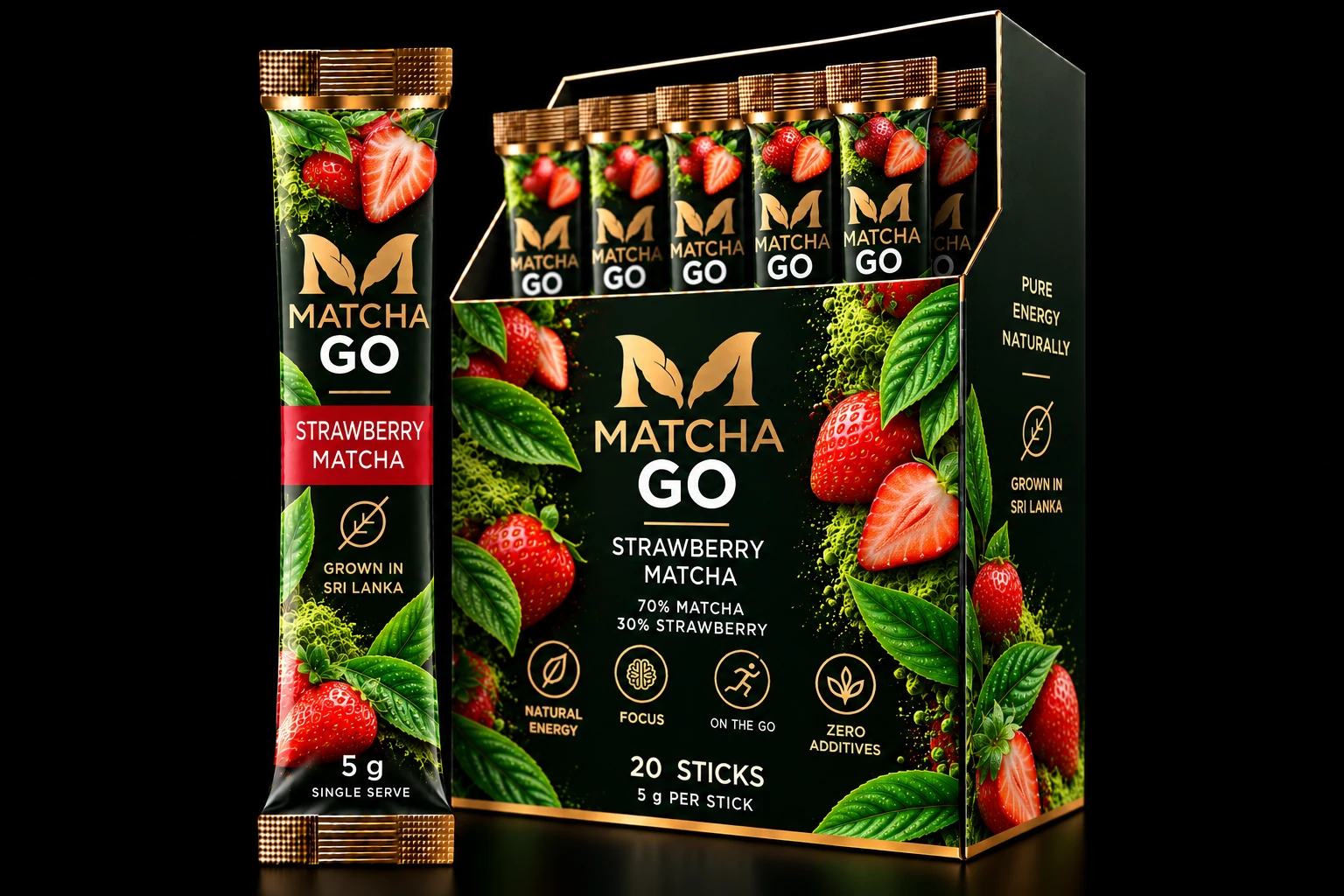 MATCHA GO Strawberry packaging, 5 g stick and 20-stick display box