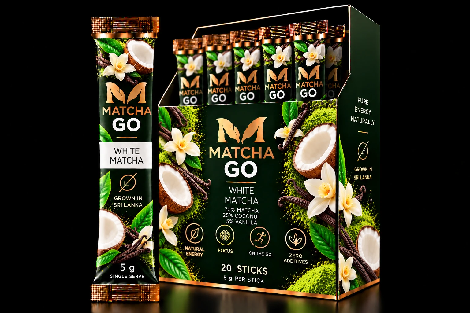 MATCHA GO White packaging, 5 g stick and 20-stick display box